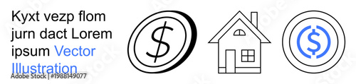 Finance, real estate, economic growth, housing market, investments, business solutions. Dollar symbols and a house displayed in a clean, minimalist style. Finance and real estate concept
