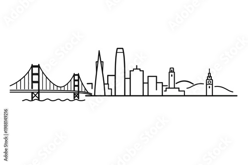 Minimalist San Francisco Skyline Illustration with Golden Gate Bridge Line Art Design