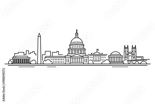 Minimalist Washington DC Skyline Illustration with Capitol, Washington Monument and Landmarks Line Art