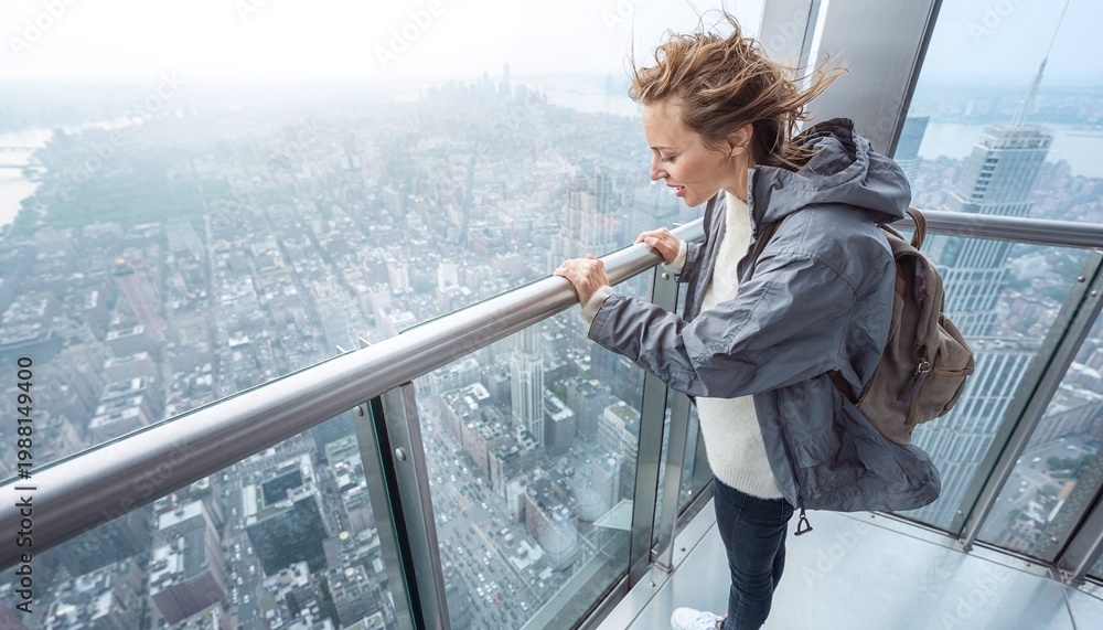 Obraz premium Experience the awe of urban heights as a young traveler gazes down from a misty observation deck over a vast city skyline. Ideal for travel, lifestyle, and adventurethemed projects.