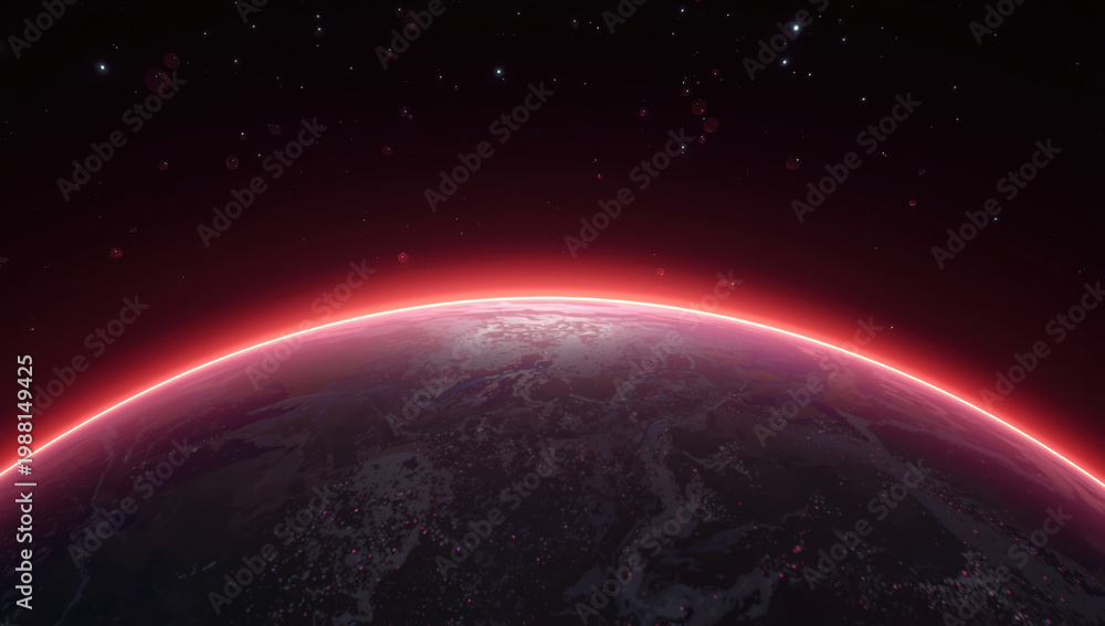 Fototapeta premium Neon rim lighting planet horizon glowing red atmosphere cosmic stars