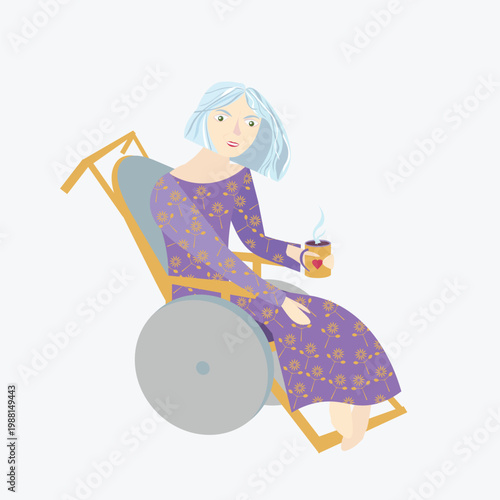Woman in wheelchair with cup of tee. Elderly gray hair woman in romantic yellow flowering violet dress with red heart on yellow cup. 
 Inclusive design stock vector illustration healthcare for web