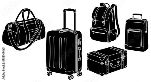 Collection of various travel bags and luggage in black silhouette.