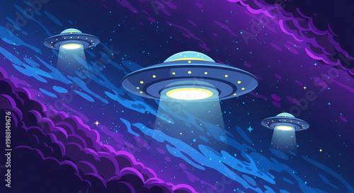 Three retro flying saucer UFOs in a vibrant purple and blue nebula alien spacecraft with light beams science fiction concept art