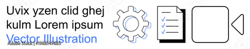 Workflow processes, productivity tools, task management, video content creation, operations planning, project management. Gear, checklist with checkmarks and camera icons. Workflow processes