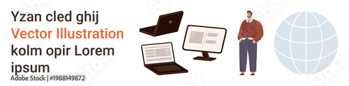 Remote work, business presentation, global communication, online education, teamwork, digital technology. A man, laptops a desktop and a digital globe icon. Remote work and business presentation