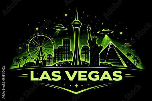 Glowing Neon 2D Las Vegas Skyline Illustration with Casino Landmarks, Ferris Wheel and Night Entertainment Scene