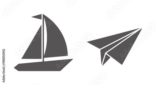 Dark gray sailboat and paper airplane white travel transport