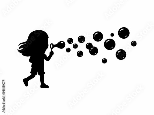 Little Girl Blowing Soap Bubbles Silhouette on White Background