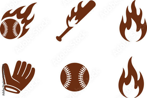 Set of six brown related to baseball and fire glove