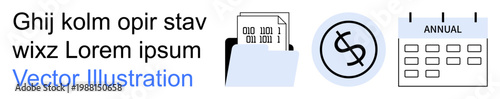Financial planning, budgeting, accounting, reports, business analysis, money management. A folder with coding, dollar sign and annual calendar icons. Financial planning and budgeting concept