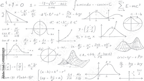 Seamless doodle pattern of mathematical formulas and physics sketches hand-drawn on a grunge blackboard texture for school education and science business plans