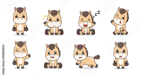 Cute horse character stickers set with various emotions and poses
