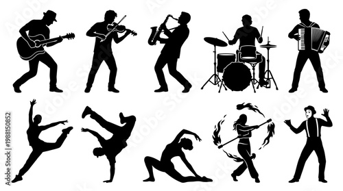 Silhouettes of musicians and dancers performing.