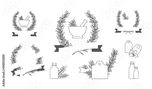Rosemary sprigs mortar pestle bottles and tags line emblems