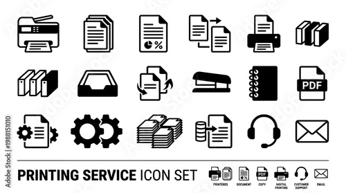 Printing service icons on white background.