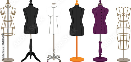 Fashion mannequin collection with dress forms and tailoring dummies for clothing design studio in modern flat vector illustration