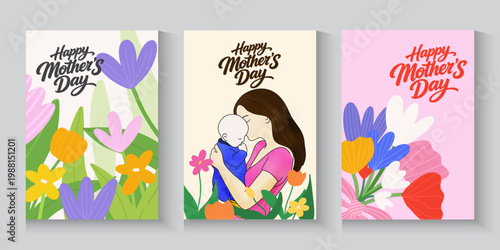 Mother's Day greeting cards, poster, with beautiful blossom flowers. mothers day with mother hugging her daughter and holding a big bouquet of flowers and flowers background.