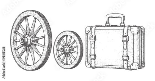 Vintage wagon wheels and a classic travel suitcase