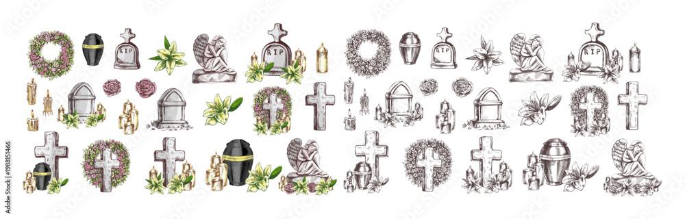 Fototapeta premium Hand drawn vintage sketch set of funeral cemetery elements with cross urn angel candles flowers color monochrome