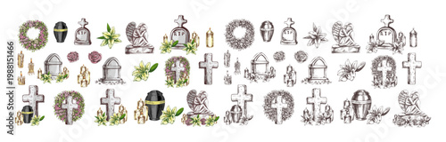 Hand drawn vintage sketch set of funeral cemetery elements with cross urn angel candles flowers color monochrome