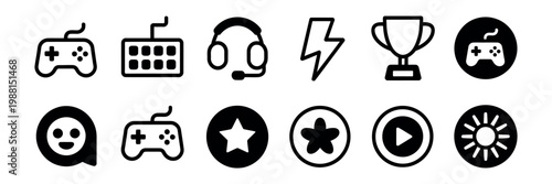 Gaming icons set vector illustration game development design symbols UI elements for websites and applications isolated on transparent background