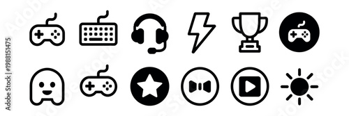 Gaming icons set vector illustration game development design symbols UI elements for websites and applications isolated on transparent background