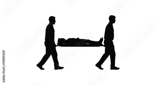 Two figures carrying a person on a stretcher dark silhouette