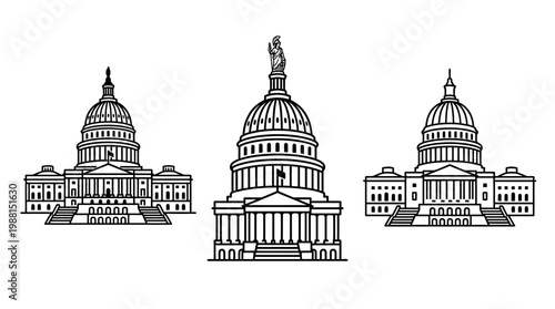 Stylized Line Art of the US Capitol Building in Three Views