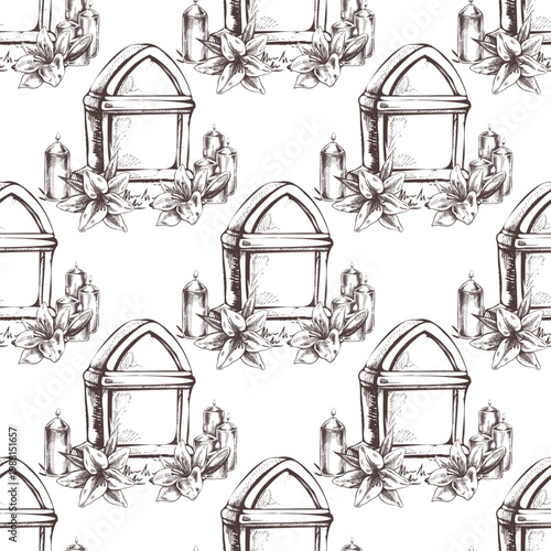 Hand drawn vintage seamless pattern of tombstone candles and flowers in monochrome sketch style repeat design
