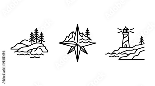 Minimalist Line Art of Nature Elements and Nautical Symbols