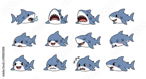 Fierce and funny shark character emotions set vector illustration