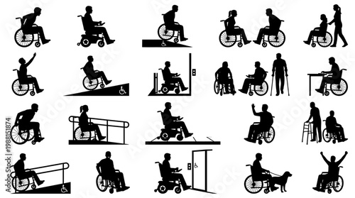 Wheelchair accessibility icons, black silhouettes