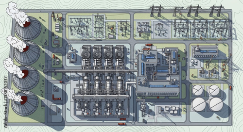 Aerial View of a Modern Industrial Power Plant Facility.