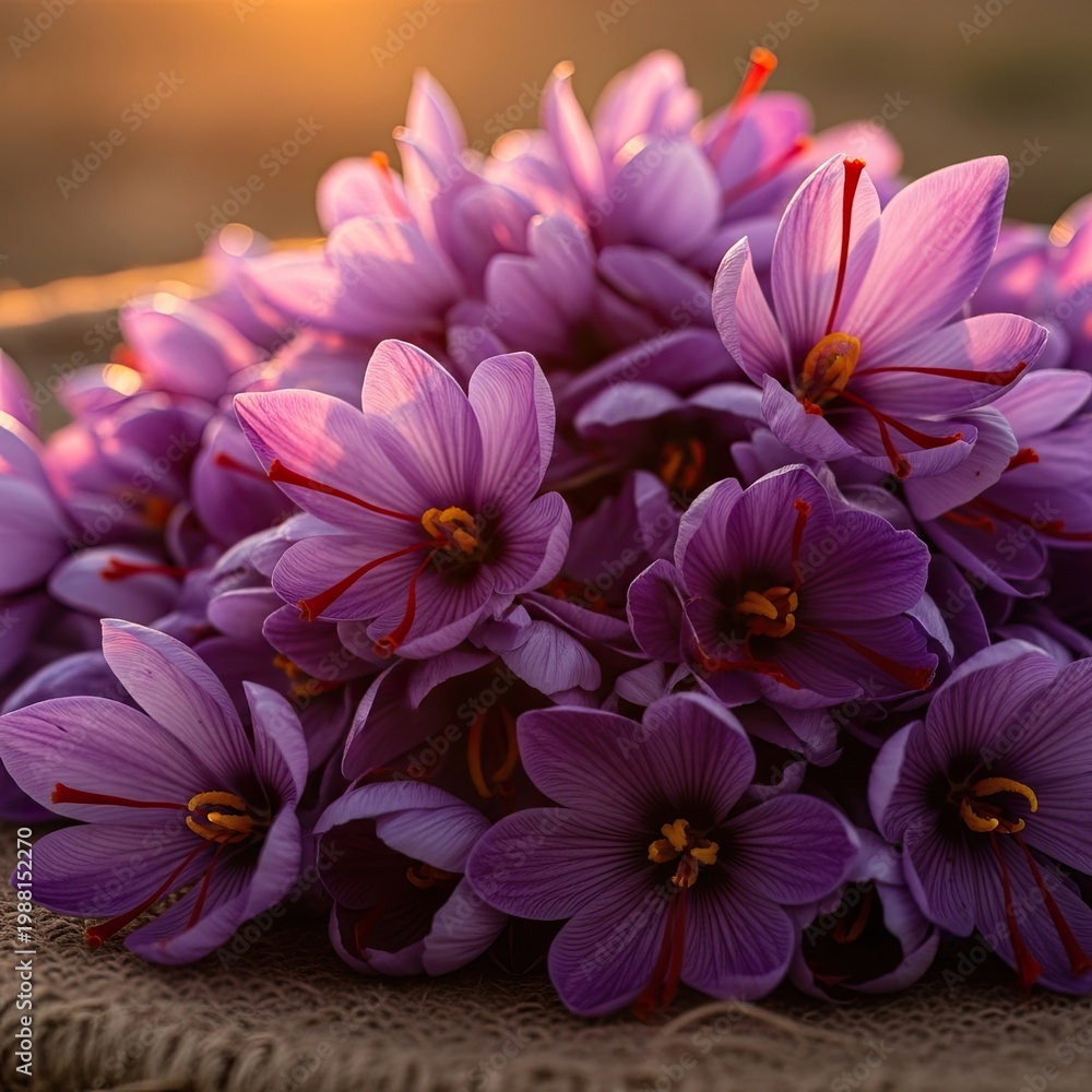 Obraz premium Vibrant Purple Saffron Crocus Flowers with Delicate Red Stigmas Illuminated by Golden Hour Sunlight Keywords