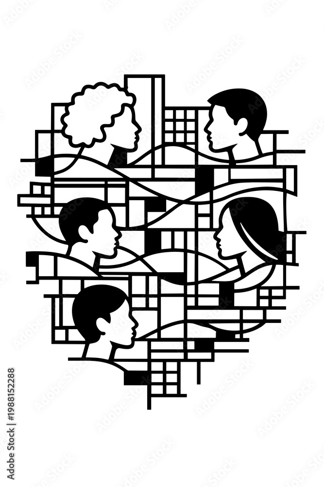 Fototapeta premium Abstract People Connection in Heart Shape, Geometric Social Network and Love Community Concept Illustration