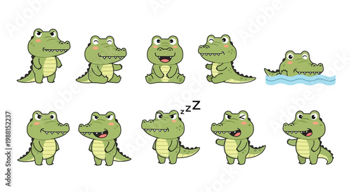 Cute cartoon alligator and crocodile characters set in various poses and activities