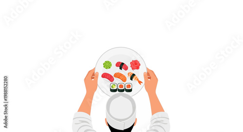Top View of Chef Serving Sushi Plate with Salmon Nigiri, Maguro, Ebi, and Maki Rolls - Japanese Cuisine Vector Illustration