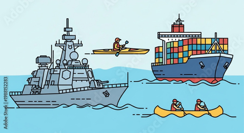 Naval warship cargo ship and kayaks on the water.