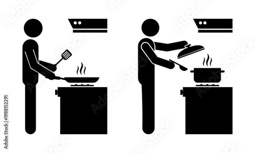 Stickman Cooking Frying and Boiling Food – Kitchen Activity Process Vector Icon.