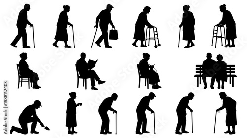 Elderly people silhouettes with walkers and chairs