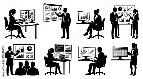 business people working with data on computers and screens