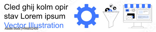Data organization, business analytics, digital marketing, automation, user interface, optimization. Gear, funnel and UI icons processes. Data organization and business analytics concept