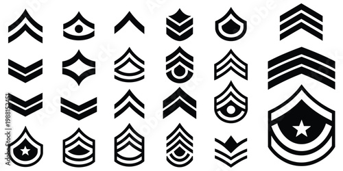 Army rank icon set from private to sergeant, military insignia vector illustration representing structured hierarchy, leadership progression, command levels, and defense organization system graphics.