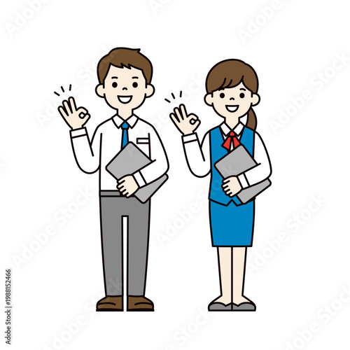 パソコンを持ってOKサインをするサラリーマンと事務員・OLの全身ベクターイラスト素材セット
