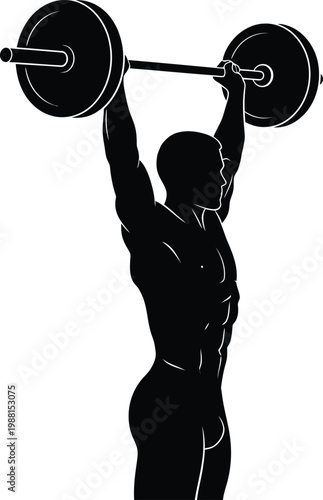 Strong muscular male weightlifter silhouette lifting heavy barbell overhead