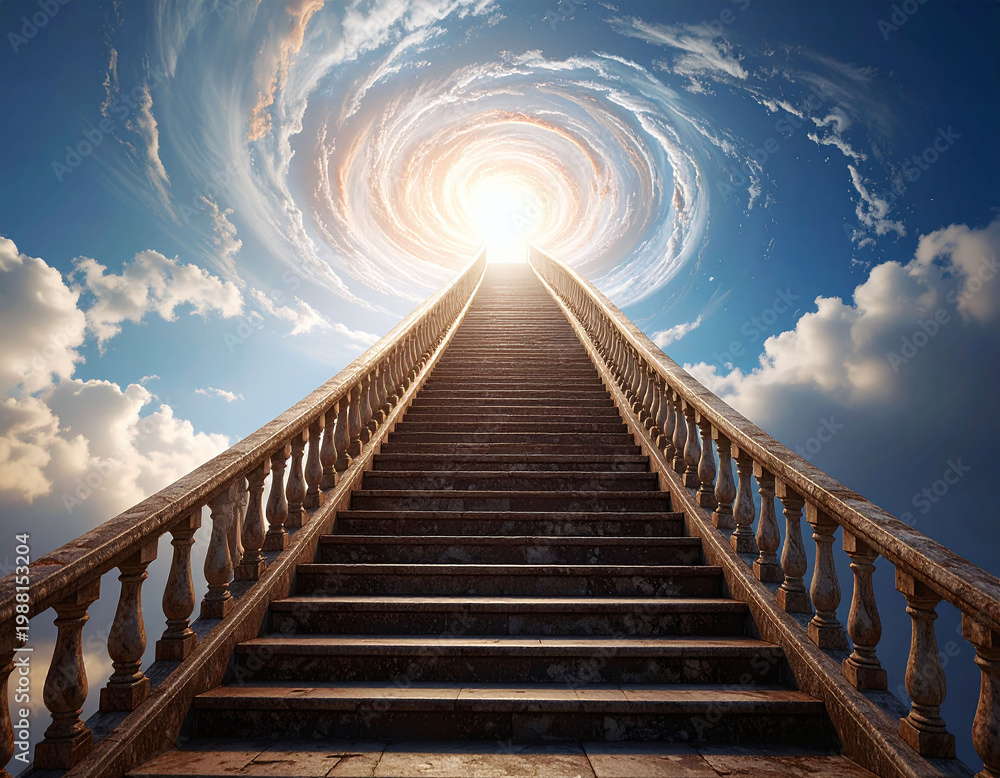 Fototapeta premium Majestic stone stairs rise into a swirling heavenly light, symbolizing a journey to success, hope, or the afterlife. This cinematic image evokes spiritual growth and transcendence.