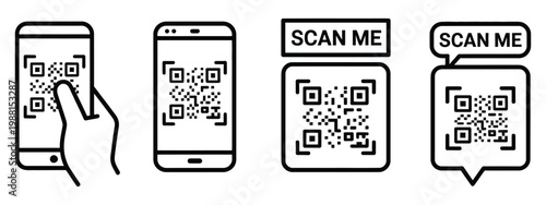 QR code scan icon with smartphone and scan me, modern line and flat style design representing mobile scanning