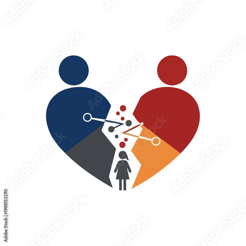 Divided Heart Symbol Representing Parental Alienation and Family Separation with Child Between Parents in Minimal Vector Illustration Design