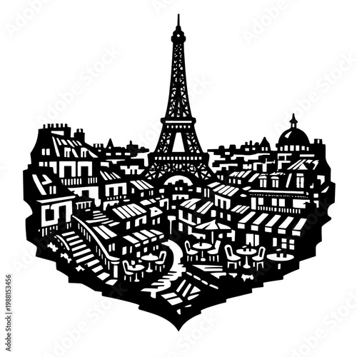 Black Paris Skyline Silhouette 2D Illustration with Eiffel Tower, Old Town Streets and Romantic City Scene